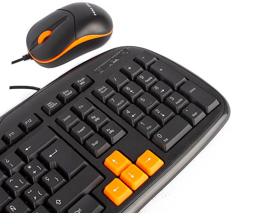 COMBO 2 EN UNO HALION ESTANDAR, TECLADO MULTIMEDIA CON DIRECIONALES NARANJA, MOUSE 3 BOTONES SENSOR HASTA 800 DPI, INTERFAZ USB, COLOR NEGRO (HA-K233C