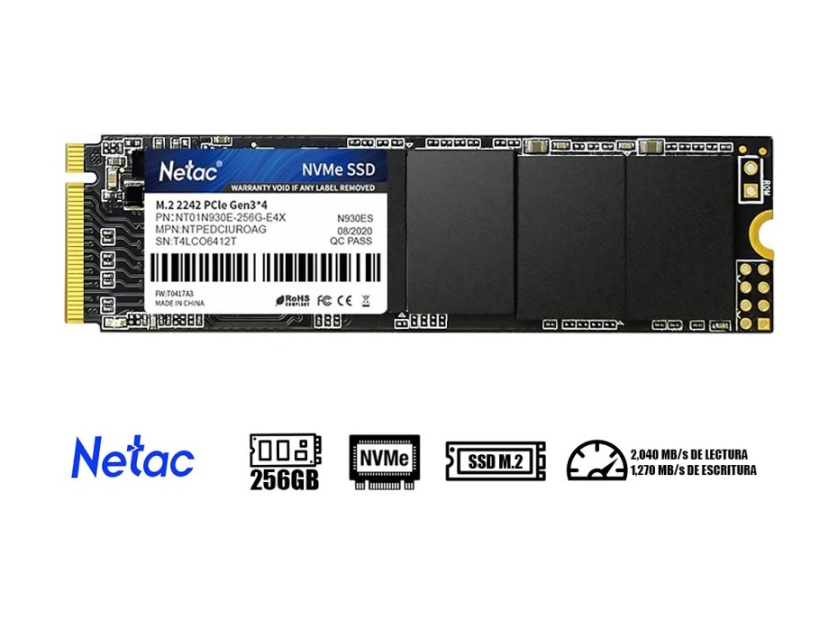 UNIDAD DE ALMACENAMIENTO SSD M.2 PCIE NETAC 256GB N930E, 2280, 3.0X4 NVME 1700MB/S (NT01N930E-256G-E4X)