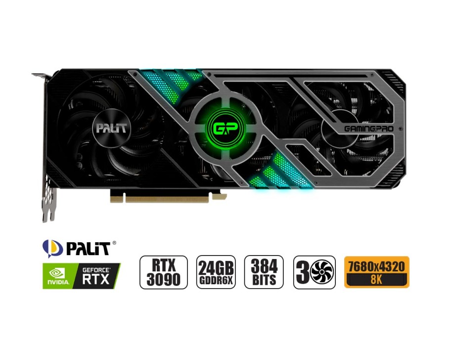 TARJETA DE VIDEO PALIT GAMERPRO RTX 3090 24GB GDDR6X GEFORCE NVIDIA 384 BITS, GRAFICO PARA VIDEOJUEGOS, 3 VENTILADORES (NED3090019SB-132BA)