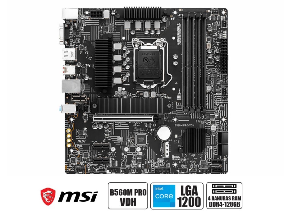 PLACA MADRE MSI B560M PRO-VDH, PARA PROCESADORES INTEL LGA 1200, 4 RANURAS DDR4 HASTA 128GB BUSS 2933 MHZ, 10A 11VA GEN. (911-7D18-014)