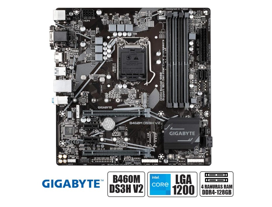 PLACA MADRE GIGABYTE B460M DS3H V2, PARA PROCESADORES INTEL LGA 1200, 4 RANURAS DE MEMORIA DDR4 HASTA 128GB BUSS 2933 MHZ, 9VA 10MA GEN(B460M DS3H V2)