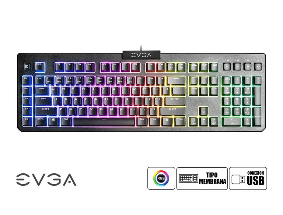 TECLADO EVGA GAMER Z12, CON ILUMINACION RGB LED, RESISTENTE A DERRAMES, MEMBRANA USB (834-W0-12SP-K2)