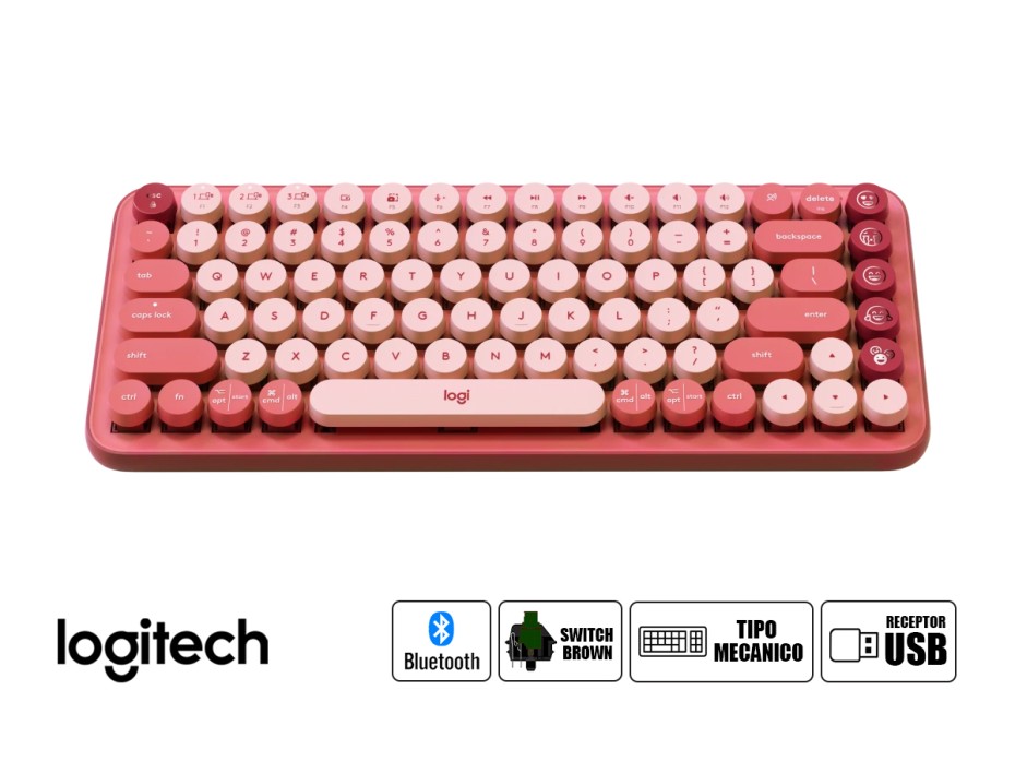 TECLADO LOGITECH INALAMBRICO MECANICO POP KEYS, CON ILUMINACION LED DE CARGA, CANAL BLUETOOTH, 4 ACCESOS DIRECTOS DE EMOJIS, CORAL ROSA(920-010715)