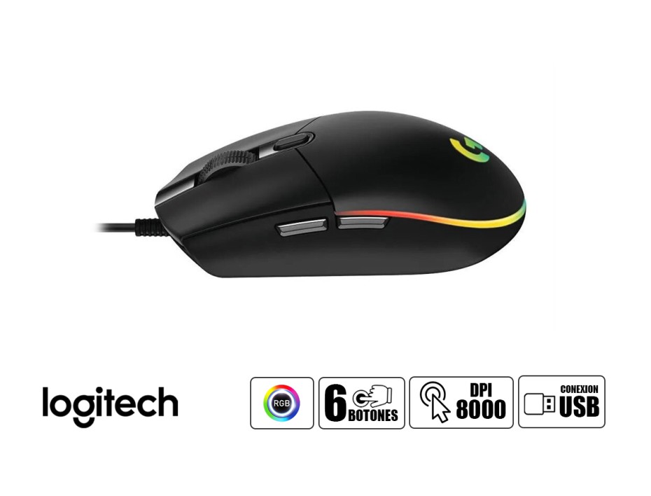 Mouse Logitech G203 Lightsync Gaming (910-005790) Hasta 8000 Dpi, 6 Botones Programables, Rgb, Negro