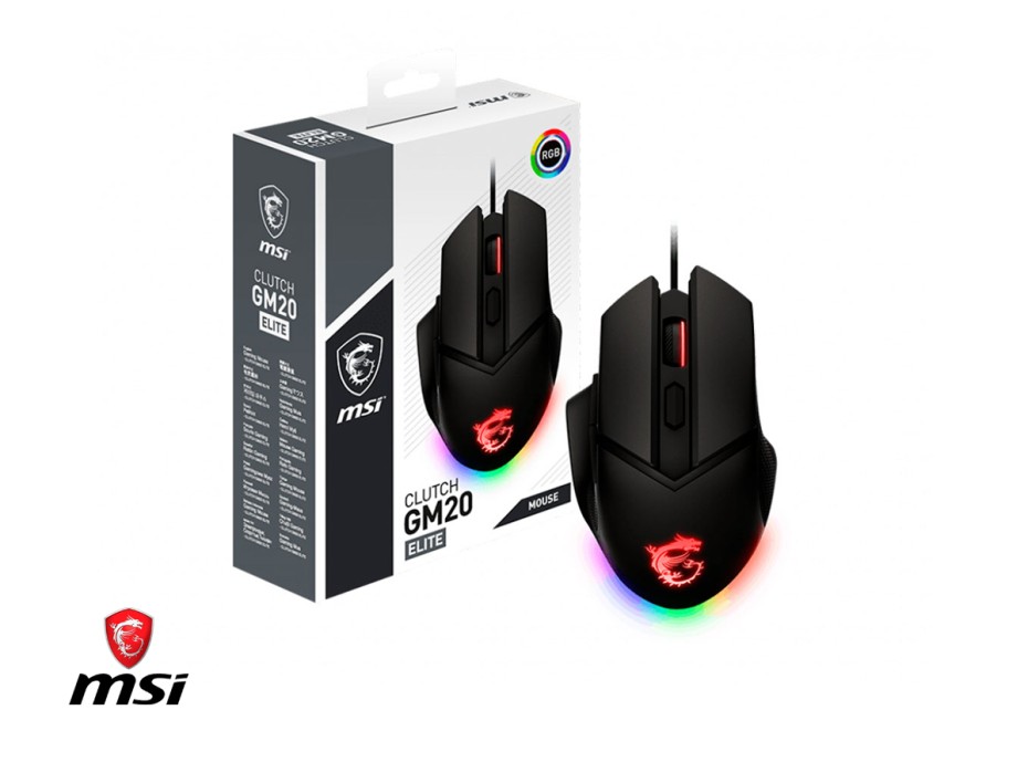 MOUSE MSI CLUTCH GM20 GAMING ELITE, SENSOR HASTA 6400 DPI, ILUMINACION RGB, CON 6 BOTONES, CONEXION USB, COLOLR NEGRO (CLUTCH GM20 ELITE)