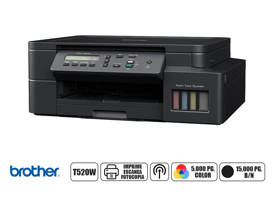 Impresora Brother Multifuncional T520w, 3 En Uno C/ Tanque Imprime Escanea Fotocopia Inalambrica (dcp-t520w)