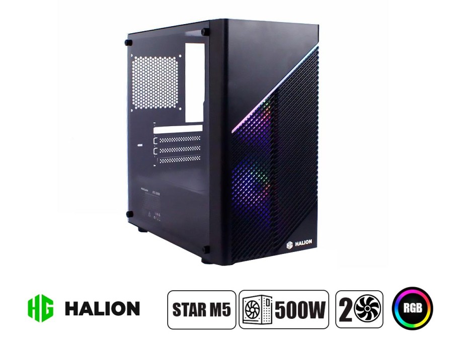 CASE HALION STAR M5 500W 1 PANEL VIDRIO 2, PANEL MALLA MIXTA , FAN LED - RGB (HA-STAR M5)