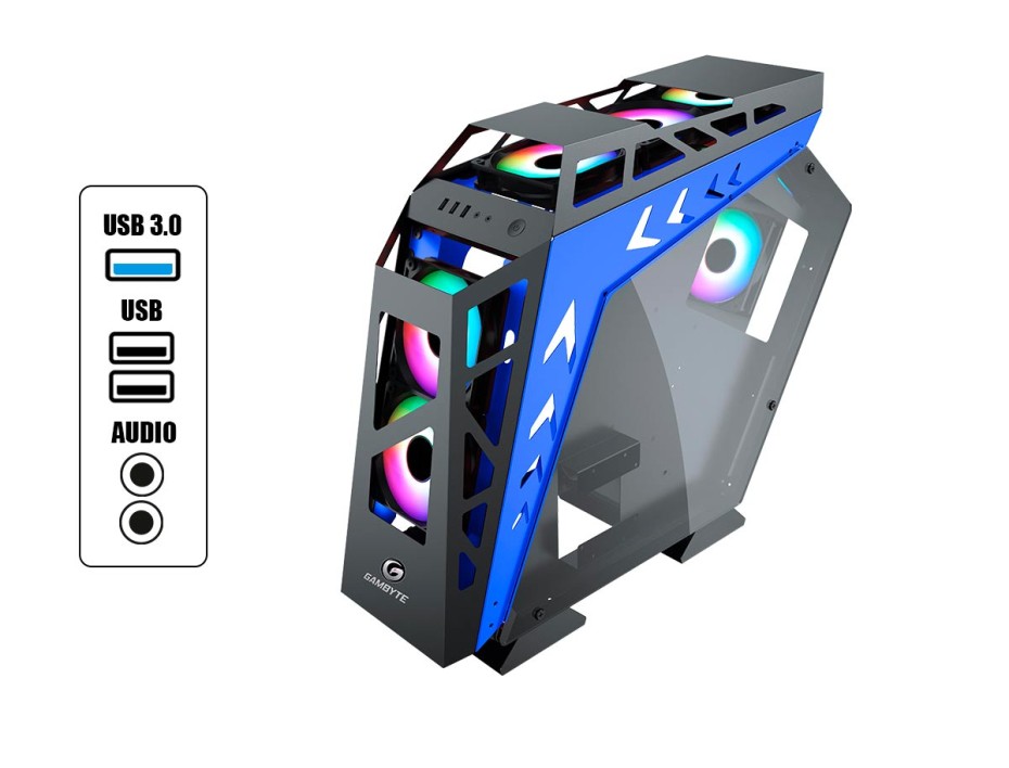 Case Gambyte Metal Warrior Blue S/fuente (gi-mwarriorblue-ac) Paneles De Vidrio, 7 Ventiladores, Led Argb, Azul