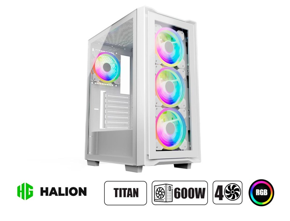 Case Halion Titan Fuente 600w (titan 103) Panel De Vidrio, 4 Ventiladores, Led Rgb, Blanco