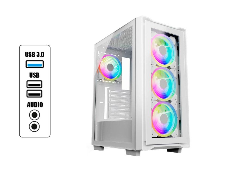 Case Halion Titan Fuente 600w (titan 103) Panel De Vidrio, 4 Ventiladores, Led Rgb, Blanco