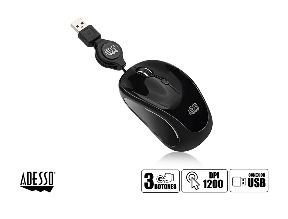 Mouse Mini Adesso Imouse S8b (imouse S8b) Hasta 1200 Dpi, 3 Botones, Retractil, Negro