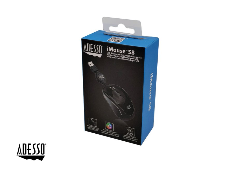 Mouse Mini Adesso Imouse S8b (imouse S8b) Hasta 1200 Dpi, 3 Botones, Retractil, Negro