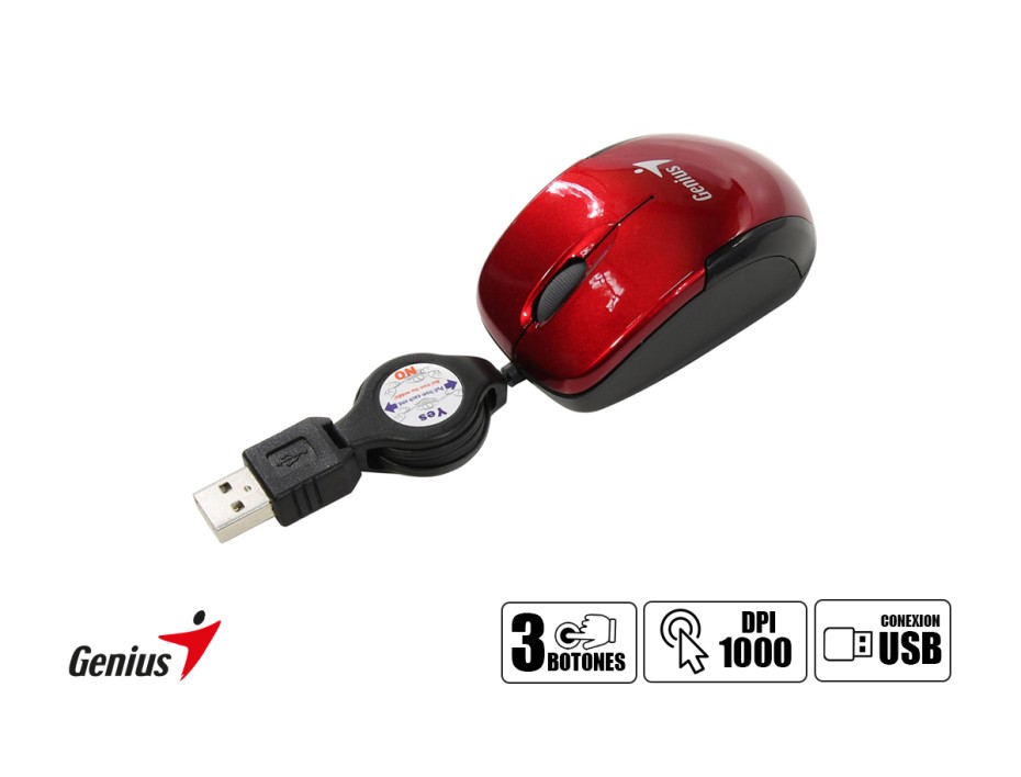 Mouse Mini Genius Micro Traveler V2 (31010125103) Hasta 1000 Dpi, 3 Botones, Retractil, Ruby