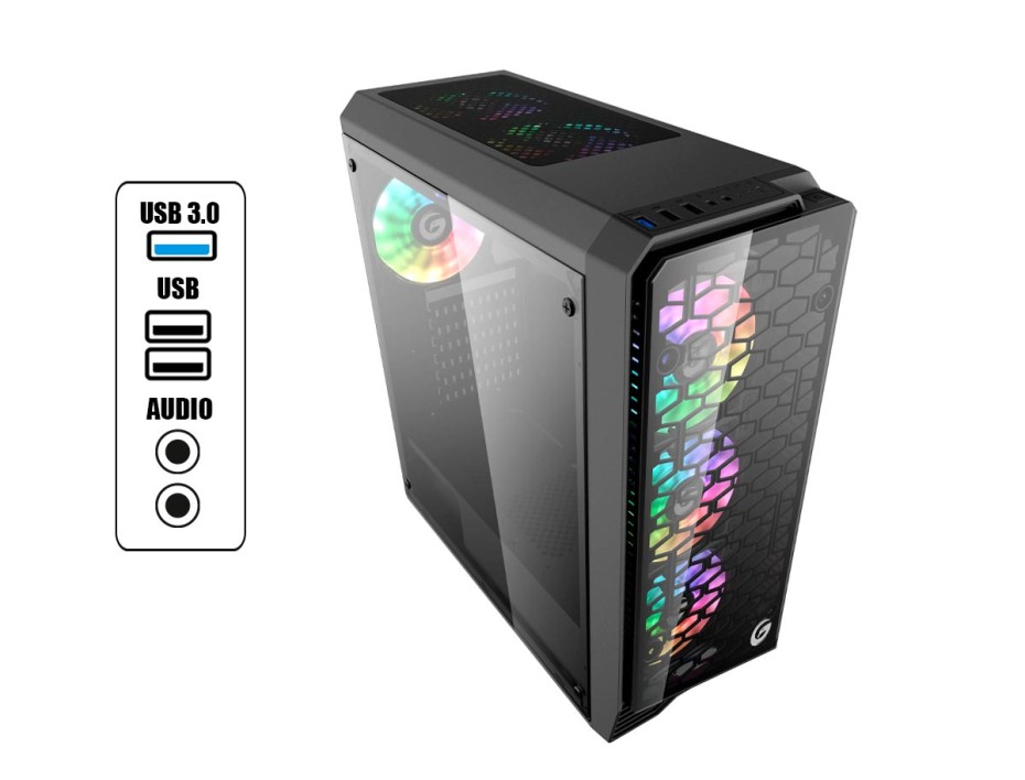 Case Gambyte Furius Fuente 650w (cf-furius) Panel De Vidrio, 4 Ventiladores, Led Argb, Negro