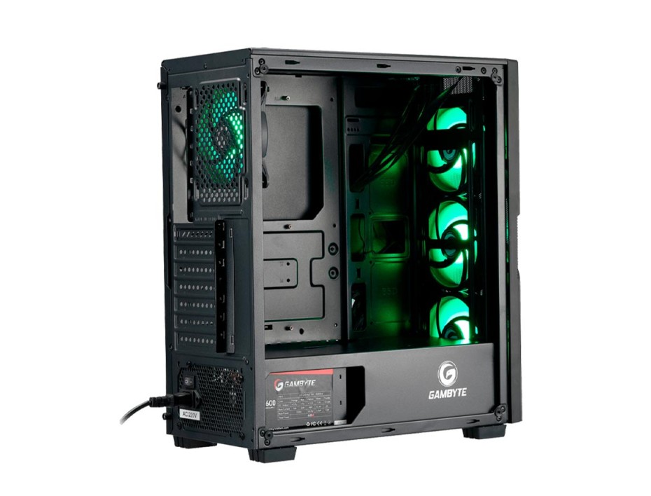 Case Gambyte Razor Fuente 600w (cl7405) Panel De Vidrio, 4 Ventiladores, Led Argb, Negro