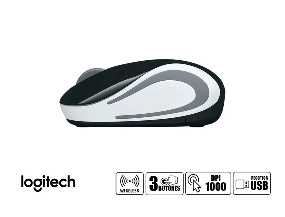 MOUSE INALAMBRICO LOGITECH MINI M187, HASTA 1000 DPI, CON RECEPTOR USB, DISEÑO ERGONOMICO, 3 BOTONES, NEGRO C/ BLANCO (910-005459)