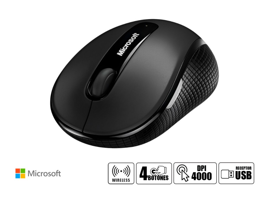 MOUSE INALAMBRICO MICROSOFT 4000, HASTA 1000 DPI, CON RECEPTOR USB, DISEÑO ERGONOMICO, 4 BOTONES, NEGRO (D5D-00001)