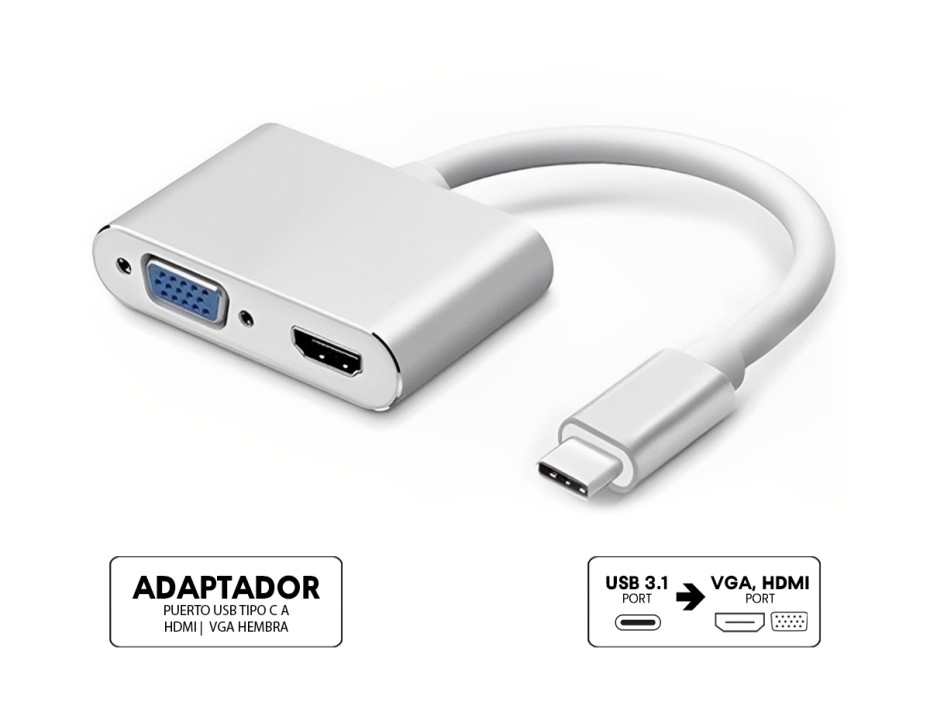 Adaptador De Puerto Usb 3.1 Typo C Macho -- A -- Puerto Hdmi  - Vga  Hembra, Cable De 25 Cm, Color Plata (usb 3.1 Typo-c - A)