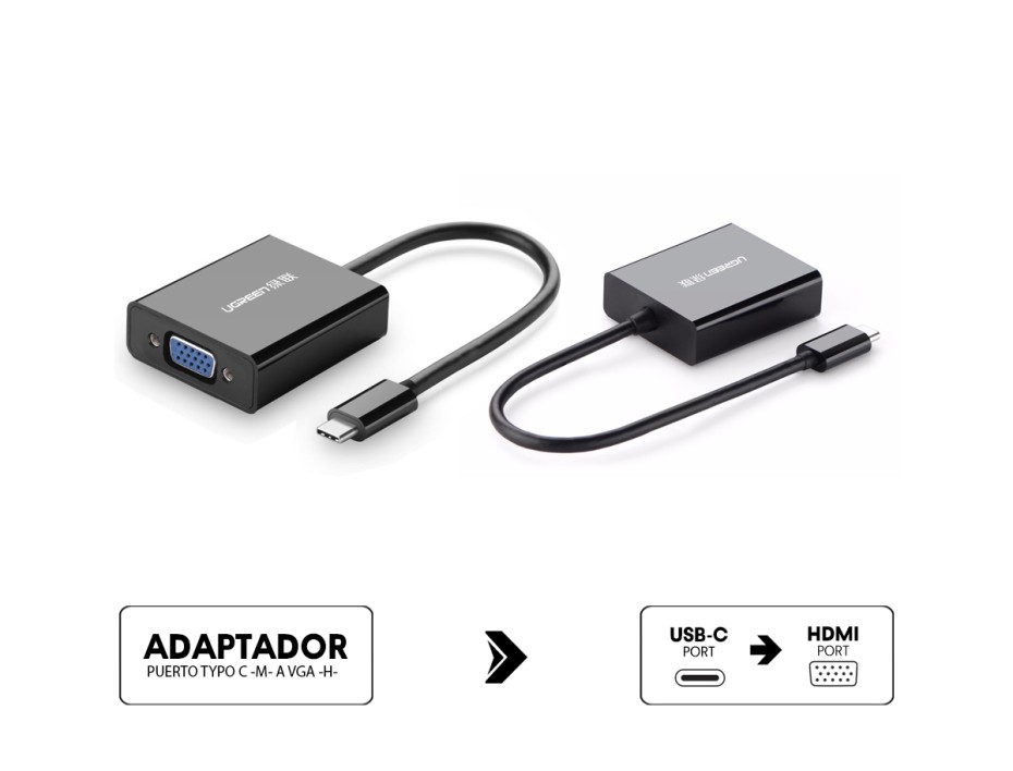 Adaptador De Puerto Usb Tipo C -macho -- A -- Puerto Vga Hembra, Hd Ugreen, Cable De 25 Cm (6957303825868)