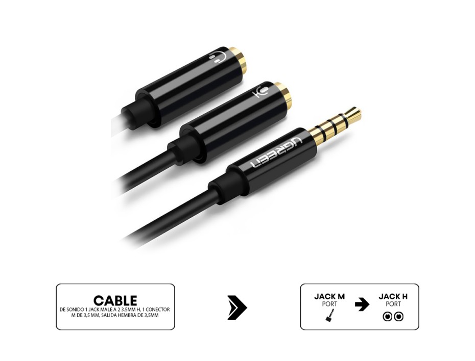 Cable De Sonido 1 Jack Male A 2 3.5mm Female Ugreen, 1 Conector Macho De 3,5 Mm, Salida Hembra De 3,5mm, Salida 3,5 Mm, Cable 15cm (6957303836208)