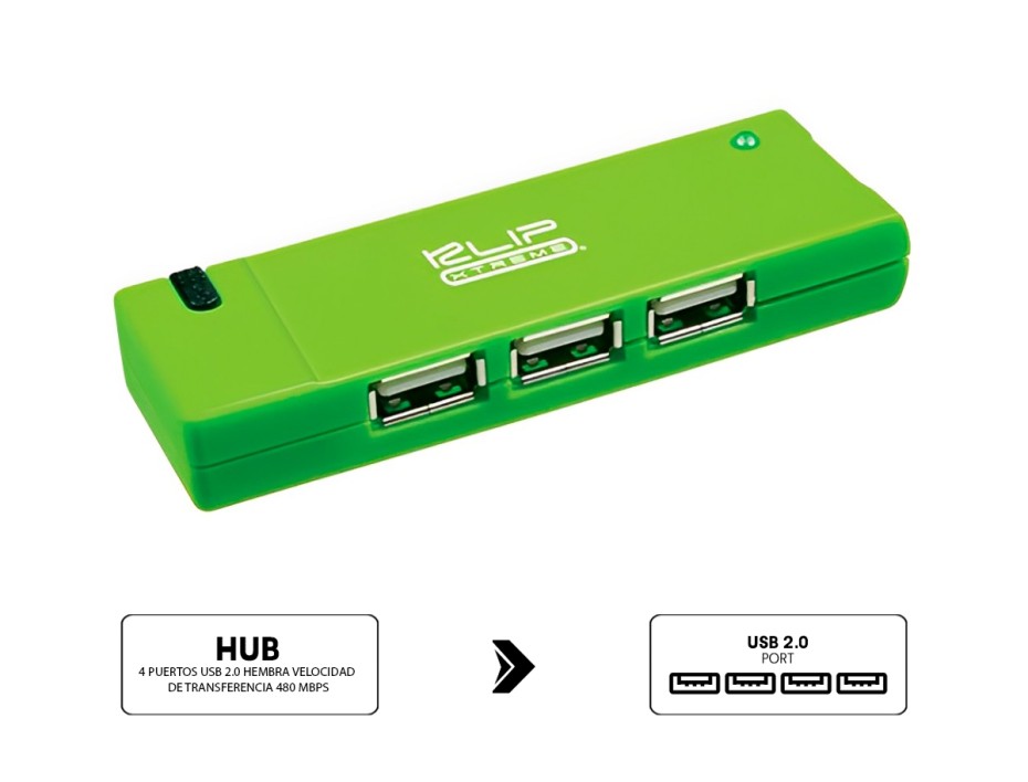 Adaptador Hub De 4 Puertos Usb 2.0 Hembra, Klip Xtreme, Velocidad De Transferencia 480 Mbps, Con Iluminacion Led Al Encender, Color Verde (kuh-400g