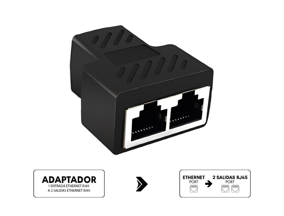 Adaptador Ethernet Macho -- A -- 2 Salidas Rj45 Hembra, Generico, Color Negro (1 Rj45 - A - 2  Rj45)