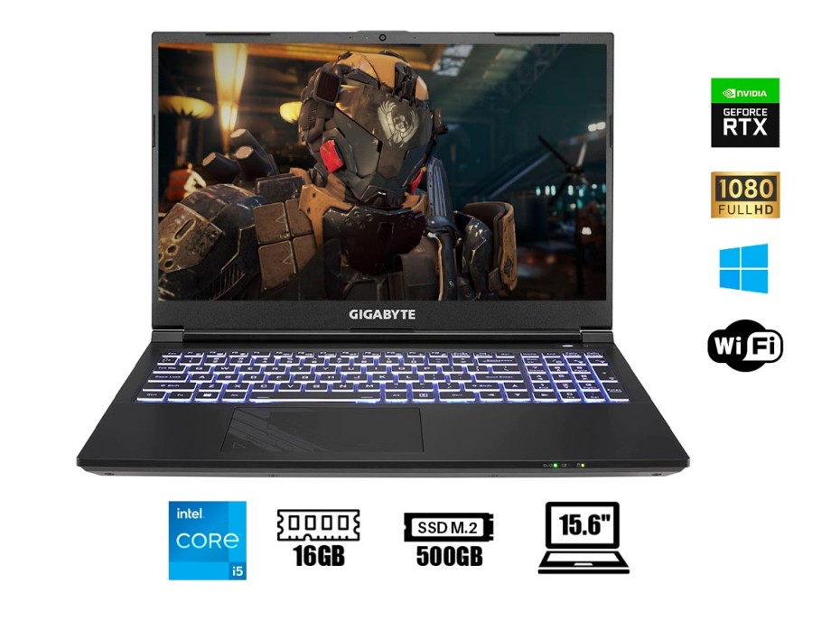 LAPTOP GIGABYTE CORE I5 12500H, G5 KE, GAMINIG 15.6" FHD IPS 144HZ, RAM 16GB, DISCO SSD M.2 500GB, VIDEO 3060 6GB NVIDIA, FREE (G5 KE-52LA213SD)