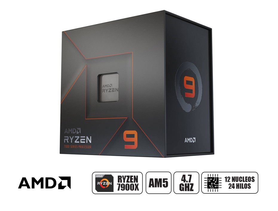 Procesador Amd Ryzen 9 7900x 4.7ghz Hasta 5.4 Ghz, 64mb (100-100000590box) Am5, 8 Nucleos, C/ Grafica Radeon