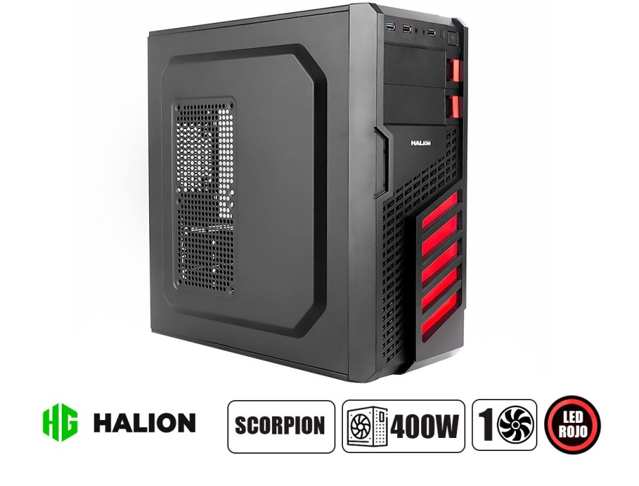 Case Halion Scorpion Fuente 400w (5906br) 1 Ventilador, Led Rojo, Negro Con Rojo