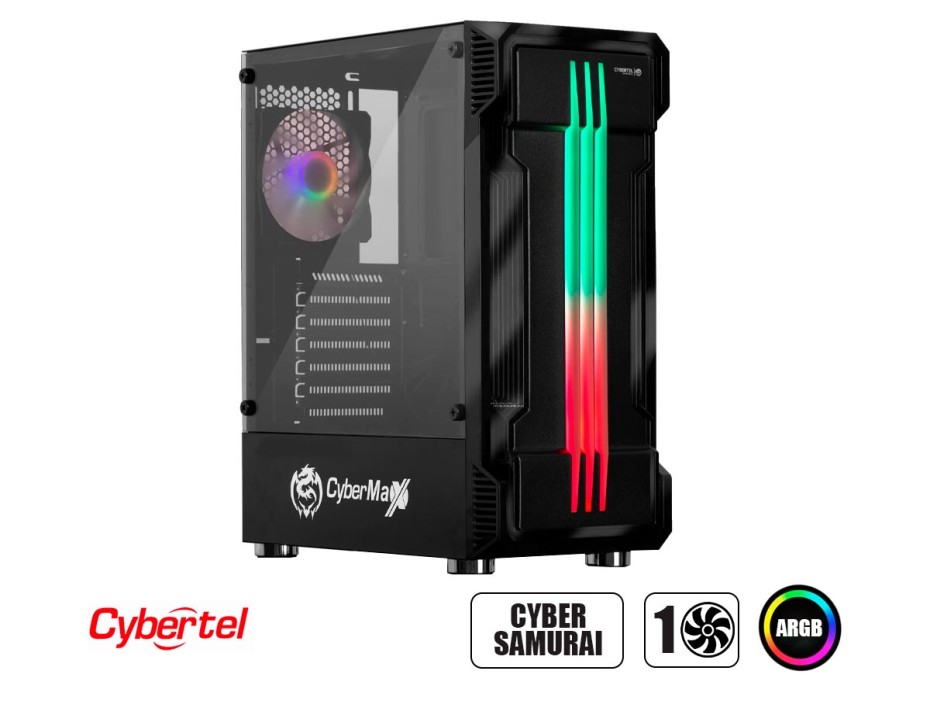 Case Cybertel Cyber Samurai S/fuente (cbx5021) Panel De Vidrio, Ventilador, Led Rgb, Negro