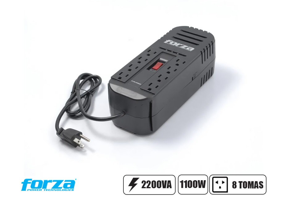 Estabilizador Forza 2200va 8 Tomas, Frecuencia 50 / 60hz, Dimension 250x95x80mm, Interruptor Iluminado, Color Negro (fvr-2202)