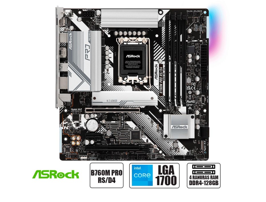 Placa Madre Asrock B760m Pro Rs/d4 (90-mxbkl0-a0uayz) Socket Lga 1700, Ram Ddr4 Buss 5333oc Mhz, 14va, 13va, 12va Gen, Rgb