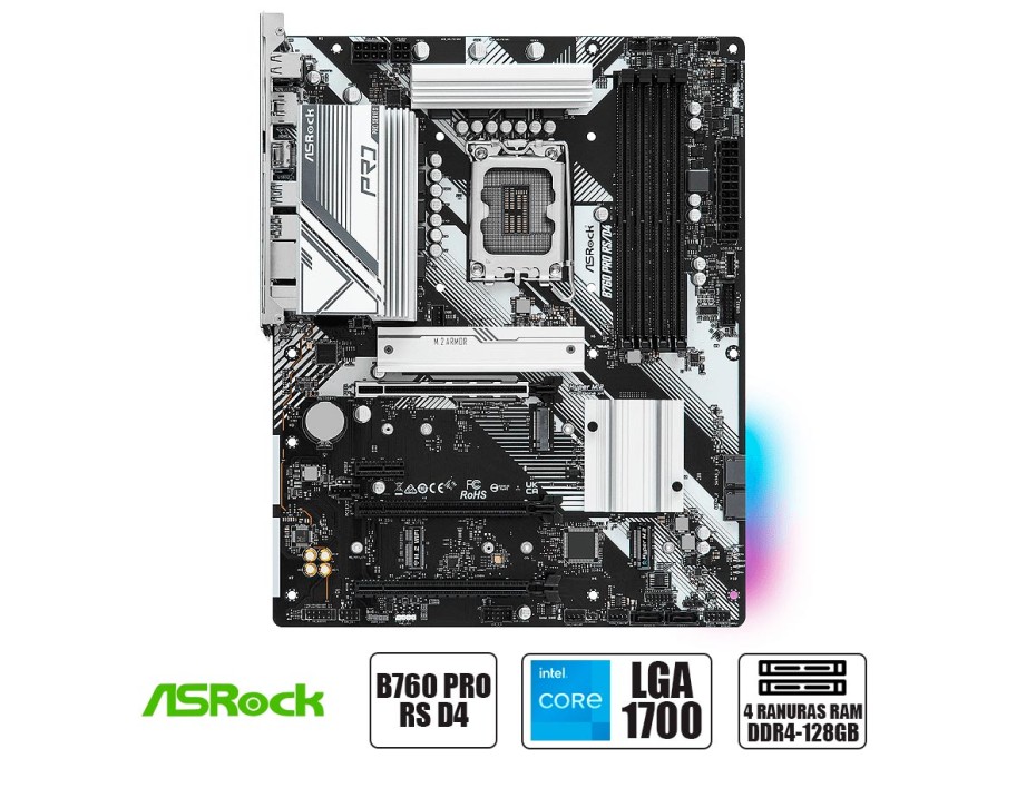 Placa Madre Asrock B760 Pro Rs/d4 (90-mxbl80-a0uayz) Socket Lga 1700, Ram Ddr4 Buss 5333oc Mhz, 14va, 13va, 12va Gen, Rgb