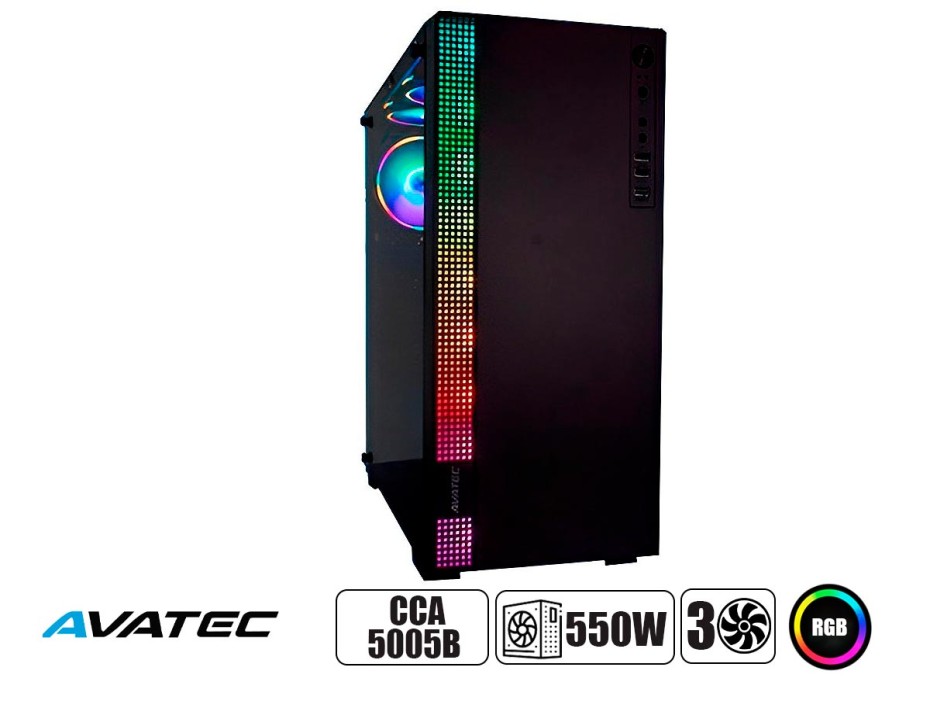 CASE AVATEC FUENTE 550W, CON PANEL DE LATERAL DE VIDRIO TEMPLADO, 3 VENTILADORES LED RGB, 3 PUERTOS USB, SALIDA DE AUDIO, COLOR NEGRO (CCA-5005B)