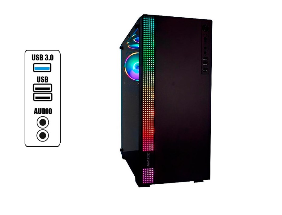 CASE AVATEC FUENTE 550W, CON PANEL DE LATERAL DE VIDRIO TEMPLADO, 3 VENTILADORES LED RGB, 3 PUERTOS USB, SALIDA DE AUDIO, COLOR NEGRO (CCA-5005B)