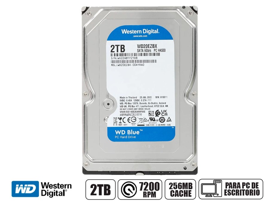 Disco Duro Western Digital 2tb (wd20ezbx) Cache 256mb, 7200 Rpm, 3.5", Sata 6, Para Pc De Escritorio, Azul