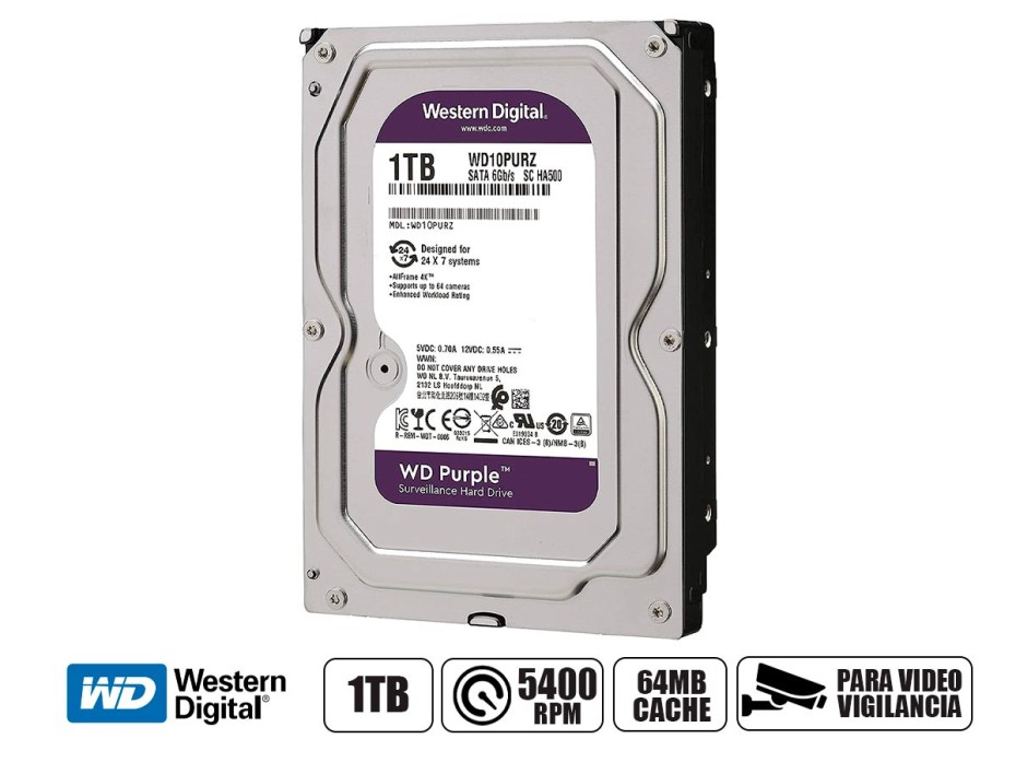 DISCO DURO WESTER DIGITAL 1TB PURPURA, CACHE 64MB, VELOCIDAD DE ROTACION 5400 RPM, FORMATO DE 3.5", SATA 6, PARA VIDEO VIGILANCIA (WD10PURZ)