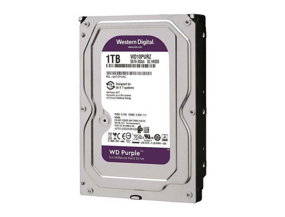 DISCO DURO WESTER DIGITAL 1TB PURPURA, CACHE 64MB, VELOCIDAD DE ROTACION 5400 RPM, FORMATO DE 3.5", SATA 6, PARA VIDEO VIGILANCIA (WD10PURZ)