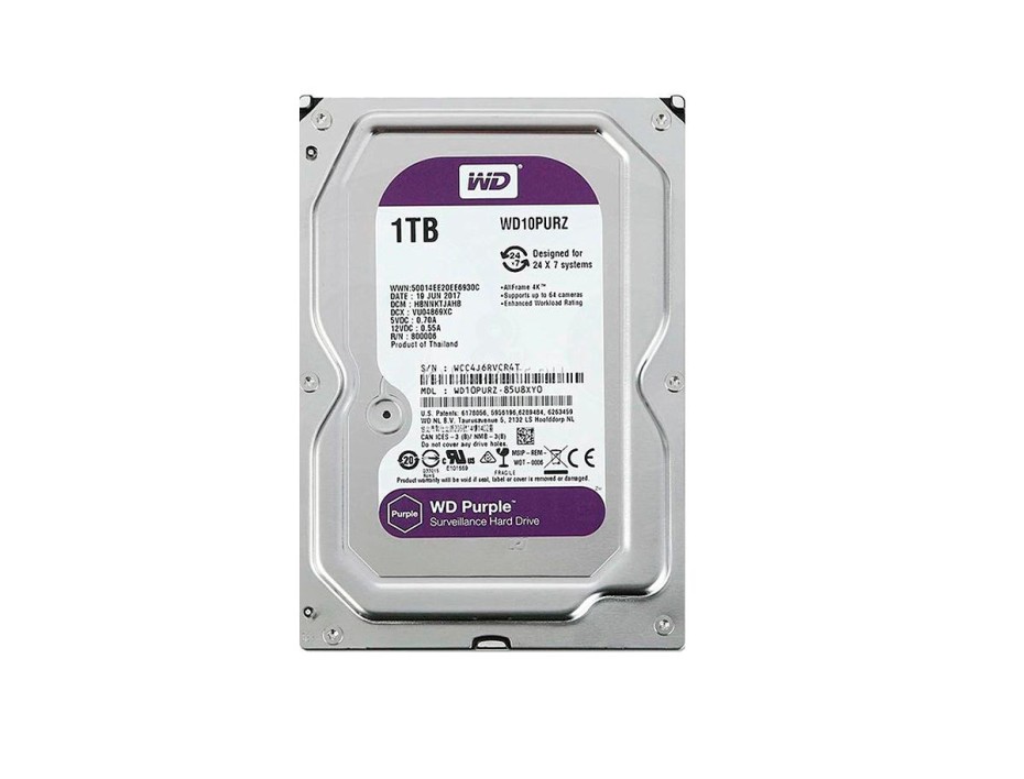 DISCO DURO WESTER DIGITAL 1TB PURPURA, CACHE 64MB, VELOCIDAD DE ROTACION 5400 RPM, FORMATO DE 3.5", SATA 6, PARA VIDEO VIGILANCIA (WD10PURZ)