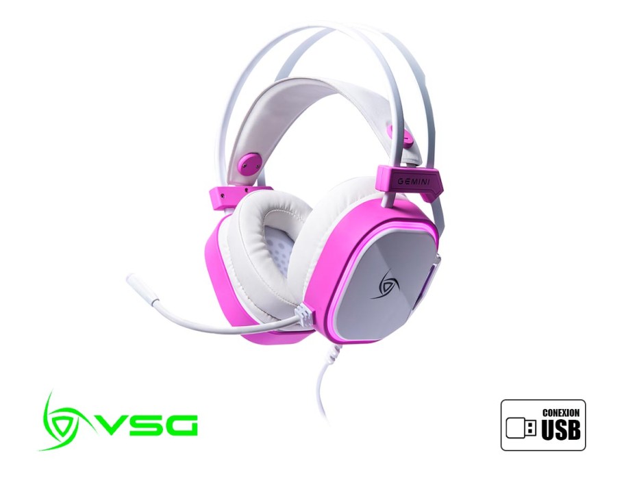 Auricular Vsg Gaming Gemini Blanco Y Rosado, Con Microfono, Conexion Jack-usb, Control De Volumen, Luz Led Rgb, Almohadillas Suave, (vg-hp694-wht)