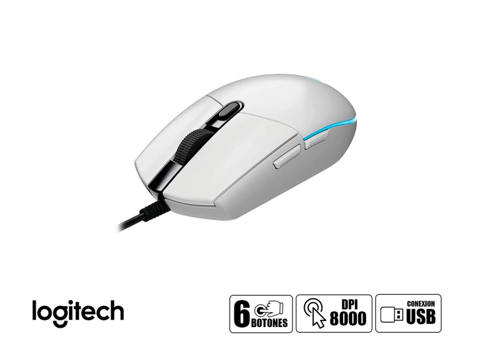 Mouse Logitech G203 Lightsync Gaming (910-005791) Hasta 8000 Dpi, 6 Botones Programables, Rgb, Blanco