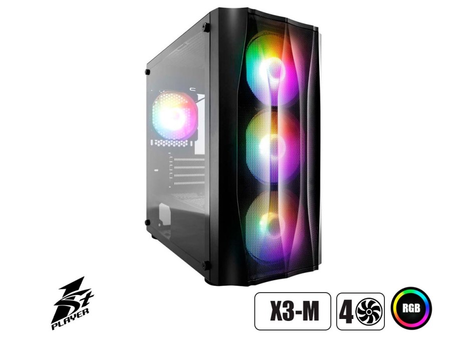 CASE 1STPLAYER X3-M S/ FUENTE | NEGRO/ 2 PANEL VIDRIO LED -RGB (X3-M BLACK)