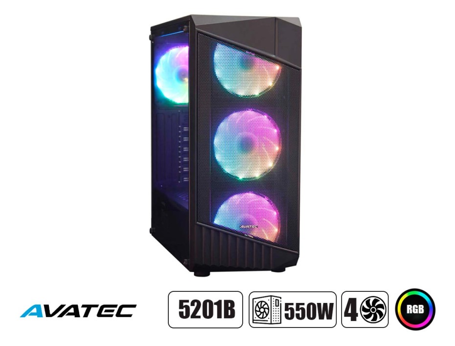 CASE AVATEC CERTIFICADO CON FUENTE 550W, 5201B, CON PANEL LATERAL DE VIDRIO, 4 VENTILADORES LED RGB, PUERTO USB, SALIDA DE AUDIO, COLOR NEGRO (CCA-