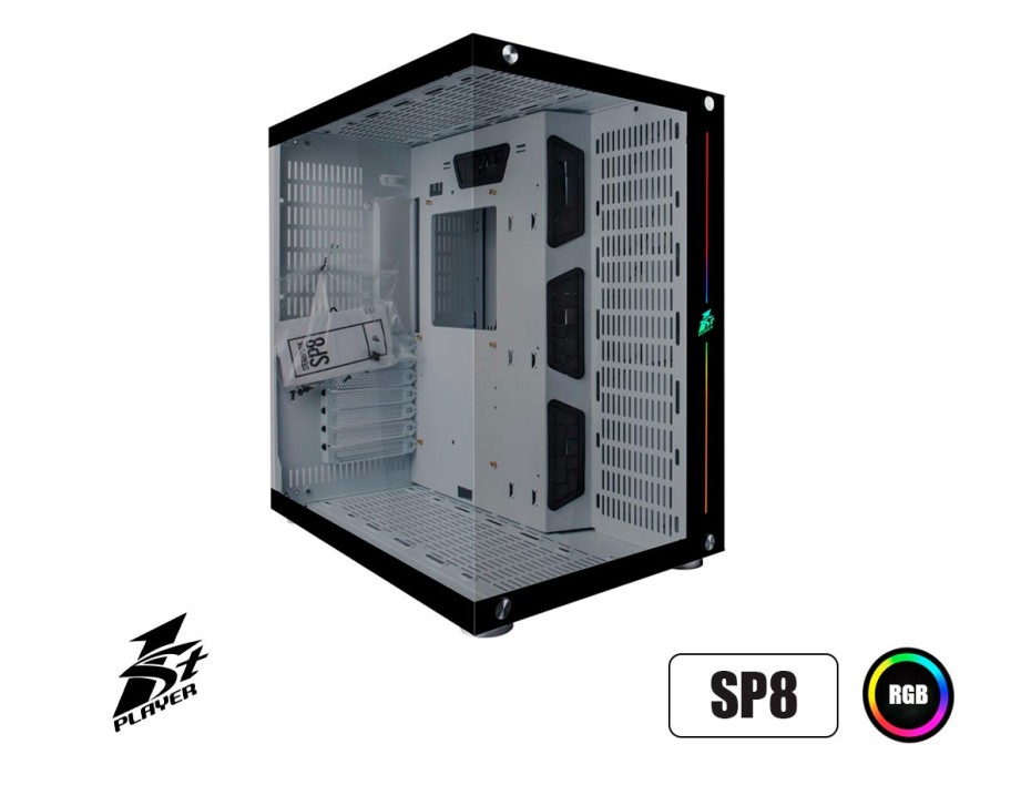 CASE 1STPLAYER STEAMPUNK SP8 S/ FUENTE | BLANCO | 2 PANEL VIDRIO LED - RGB (1S-CA1ST-SP8WHITEC/C)