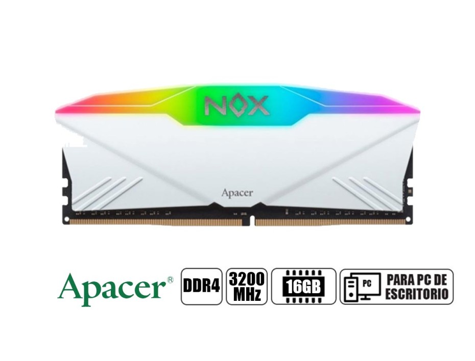 MEMORIA RAM APACER DDR4 16GB, FRECUENCIA 3200 MHZ, NOX BLANCO RGB LED, PARA PC DE ESCRITORIO (AH4U16G32C28YNWAA-1)