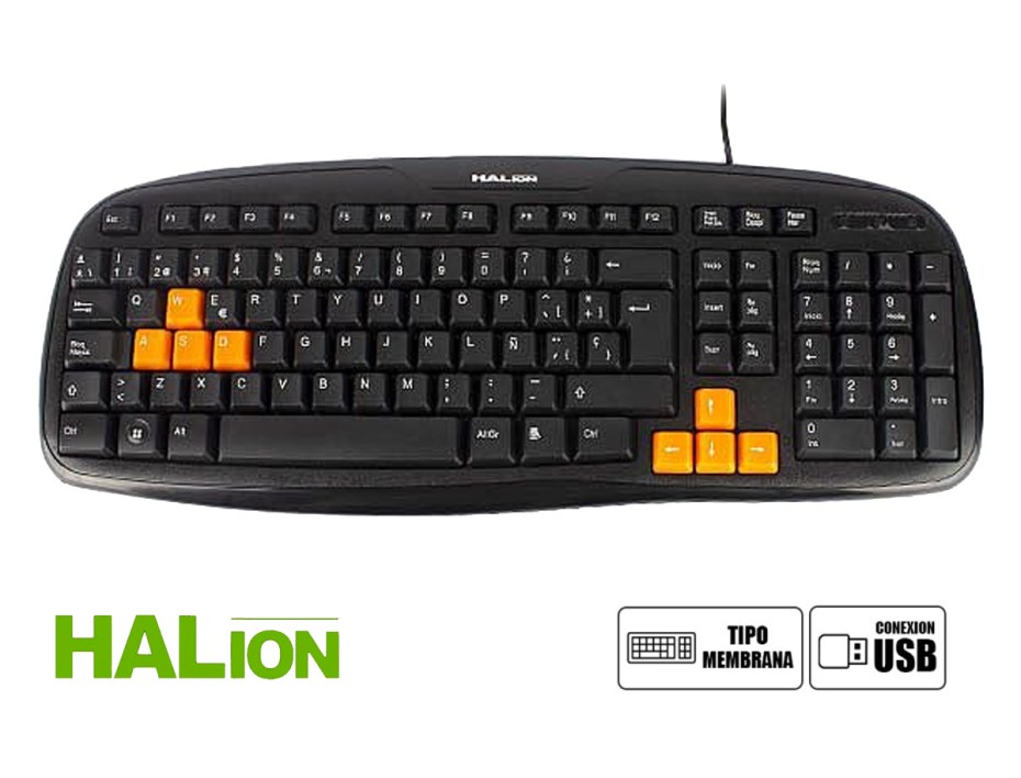 COMBO 2 EN UNO HALION ESTANDAR, TECLADO MULTIMEDIA CON DIRECIONALES NARANJA, MOUSE 3 BOTONES SENSOR HASTA 800 DPI, INTERFAZ USB, COLOR NEGRO (HA-K233C