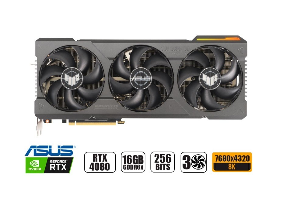 TARJETA DE VIDEO ASUS TUF RTX 4080 16GB GDDR6X GEFORCE NVIDIA 256 BITS, GRAFICO PARA VIDEOJUEGOS, 3 VENTILADORES ( 90Y )