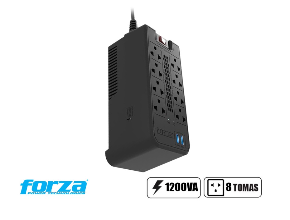 Estabilizador Forza 1200va 8 Tomas Y 2 Puerto Usb, Capacidad 1200va / 600w, Entrada Nema 5 -15p, Indicador De Luz Led, Color Negro (fvr-1222usb)