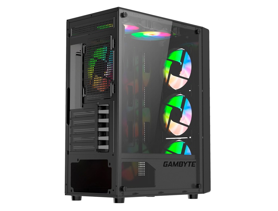 Case Gambyte Shield S/fuente (cs-shi4rbwkg-lg) Paneles De Vidrio, 5 Ventiladores, Led Rainbow, Negro