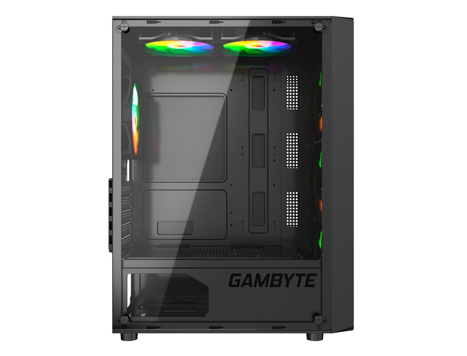 Case Gambyte Shield S/fuente (cs-shi4rbwkg-lg) Paneles De Vidrio, 5 Ventiladores, Led Rainbow, Negro